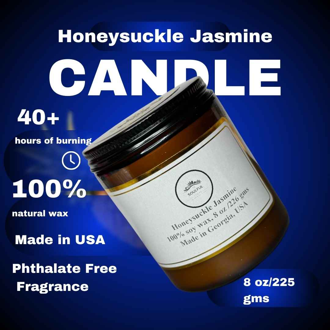 8 oz Honeysuckle Jasmine scented candle, 40 + hour burn, phthalate free, vegan, 100 % soy wax as gifts and interior design ideas, gift shop, gift card, gift store, gift ideas, home designer, interior designer near me, gift cards, interior design ideas, home decor inspiration, spring candle collection