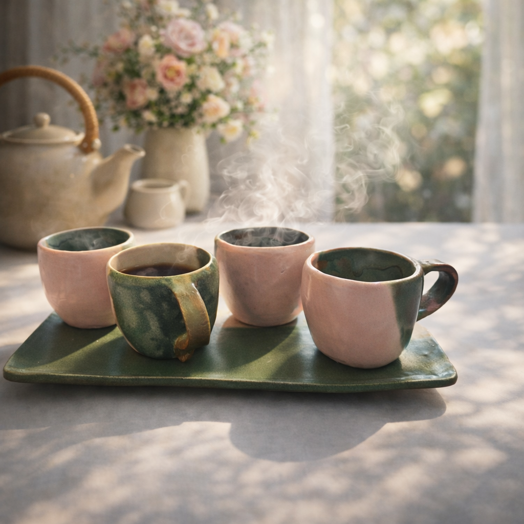 Set of 4 cups with a tray- white and patina