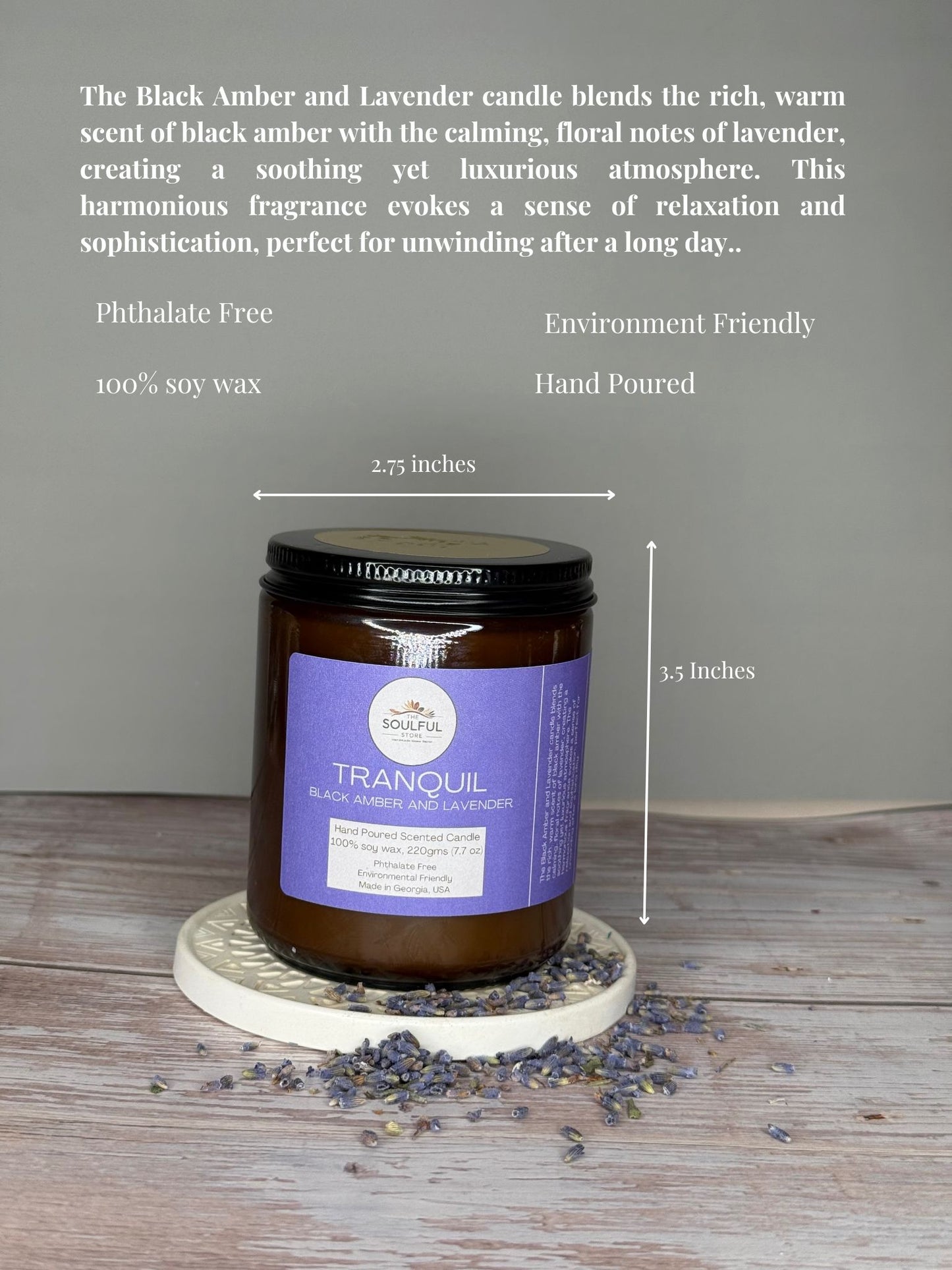 Tranquil Black Amber and Lavender 7.7 oz scented candle, gift shop, gift card, gift store, gift ideas, home designer, interior designer near me, scented candles, candles, lavender candles