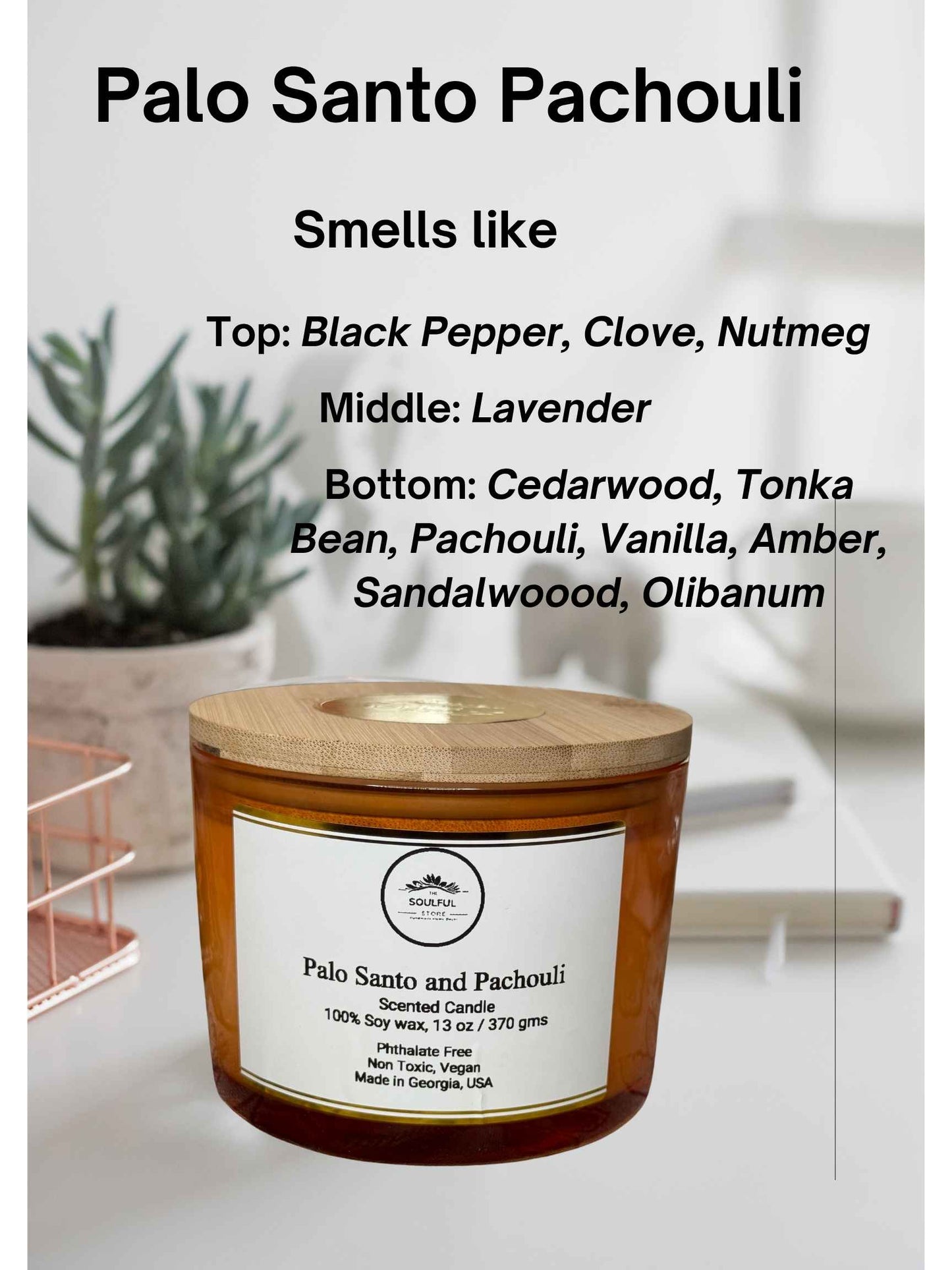 The Soulful Store 13 oz Palo Santo and Pachouli 100% Soy Wax Candle – Phthalate-Free, 100+ Hour Burn, Perfect as Gifts and for Interior Decoration