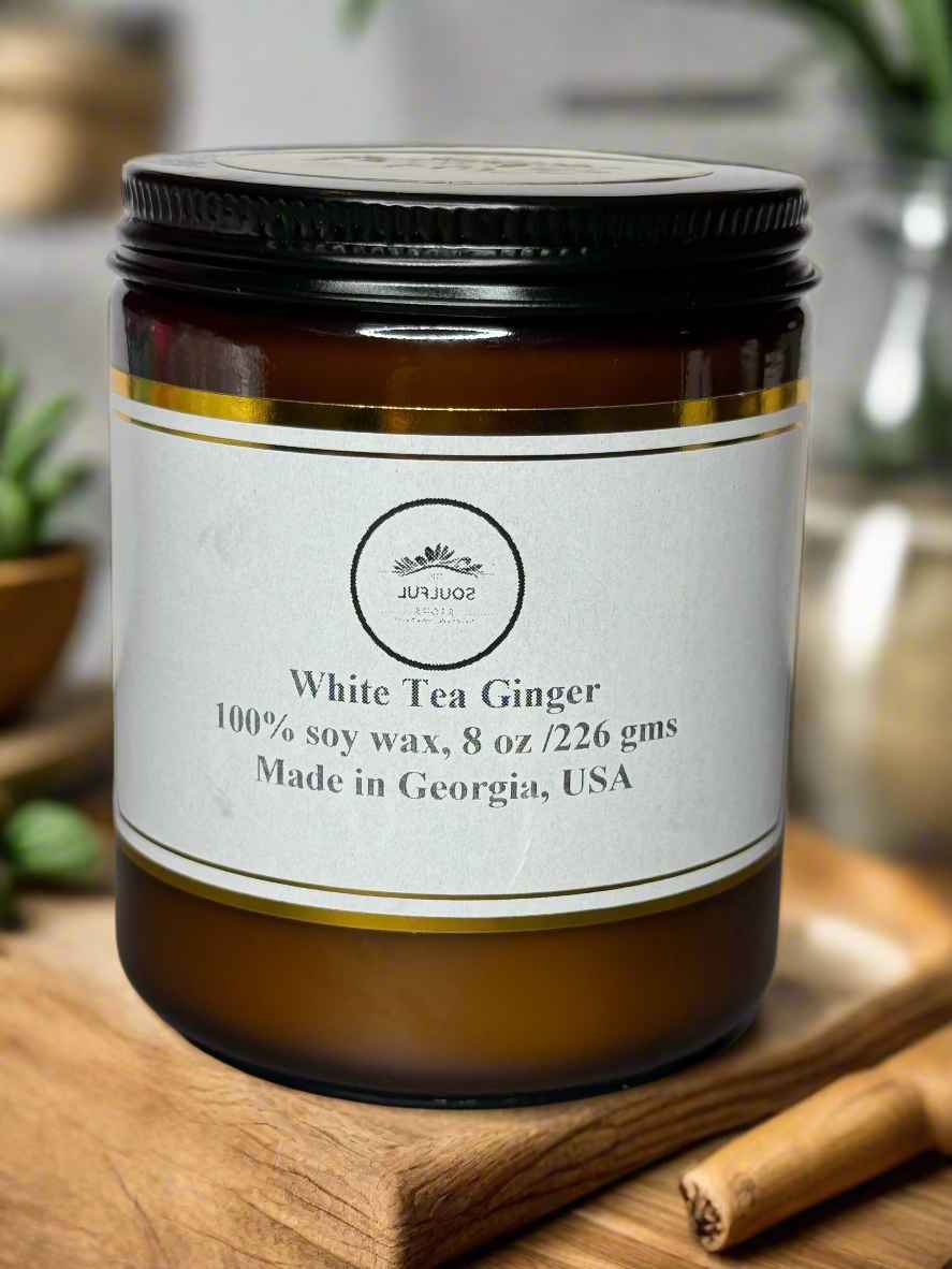 8 oz White Tea and Ginger scented candle, 40 + hour burn, phthalate free, vegan, 100 % soy wax as gifts and interior design ideas, gift shop, gift card, gift store, gift ideas, home designer, interior designer near me, gift cards, interior design ideas, home decor inspiration, spring candle collection
