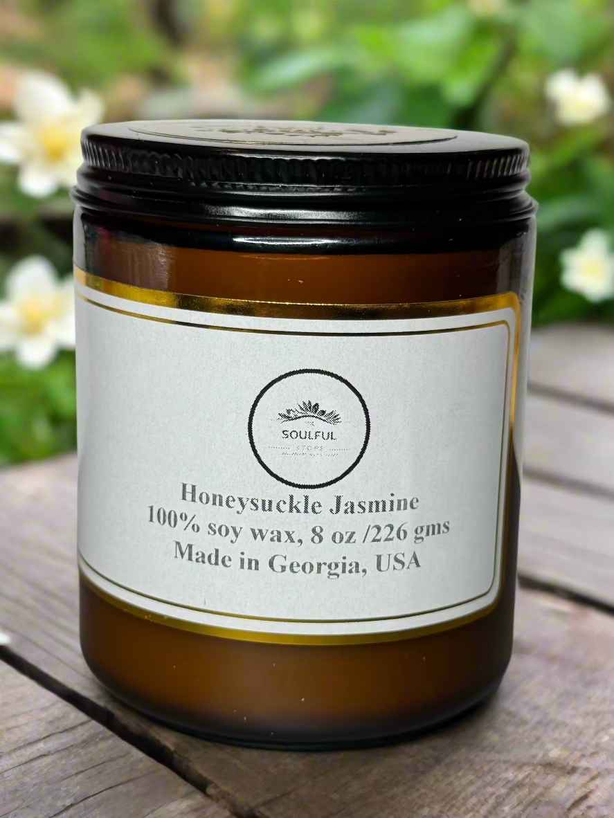 8 oz Honeysuckle Jasmine scented candle, 40 + hour burn, phthalate free, vegan, 100 % soy wax as gifts and interior design ideas, gift shop, gift card, gift store, gift ideas, home designer, interior designer near me, gift cards, interior design ideas, home decor inspiration, spring candle collection