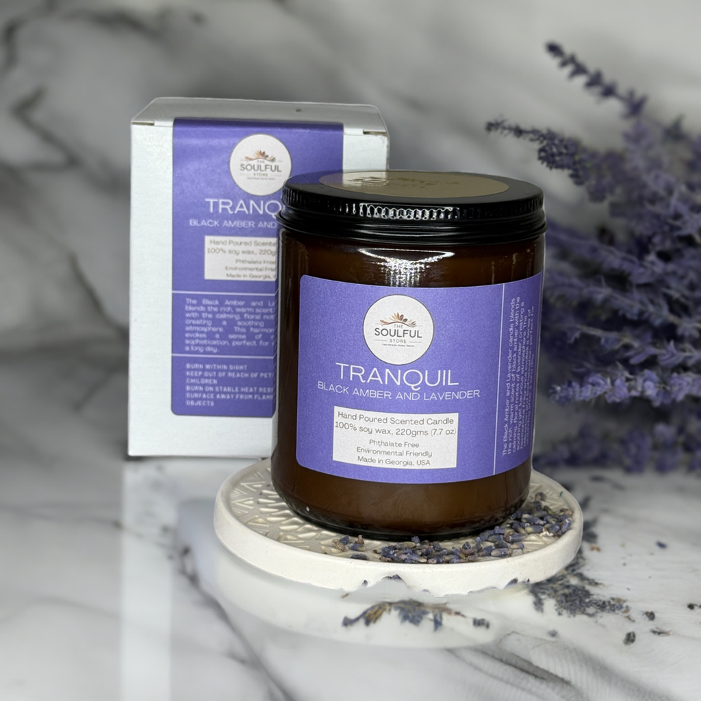 Tranquil Black Amber and Lavender 7.7 oz scented candle, gift shop, gift card, gift store, gift ideas, home designer, interior designer near me, scented candles, candles, lavender candles