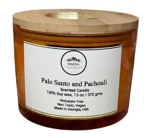 The Soulful Store 13 oz Palo Santo and Pachouli 100% Soy Wax Candle – Phthalate-Free, 100+ Hour Burn, Perfect as Gifts and for Interior Decoration