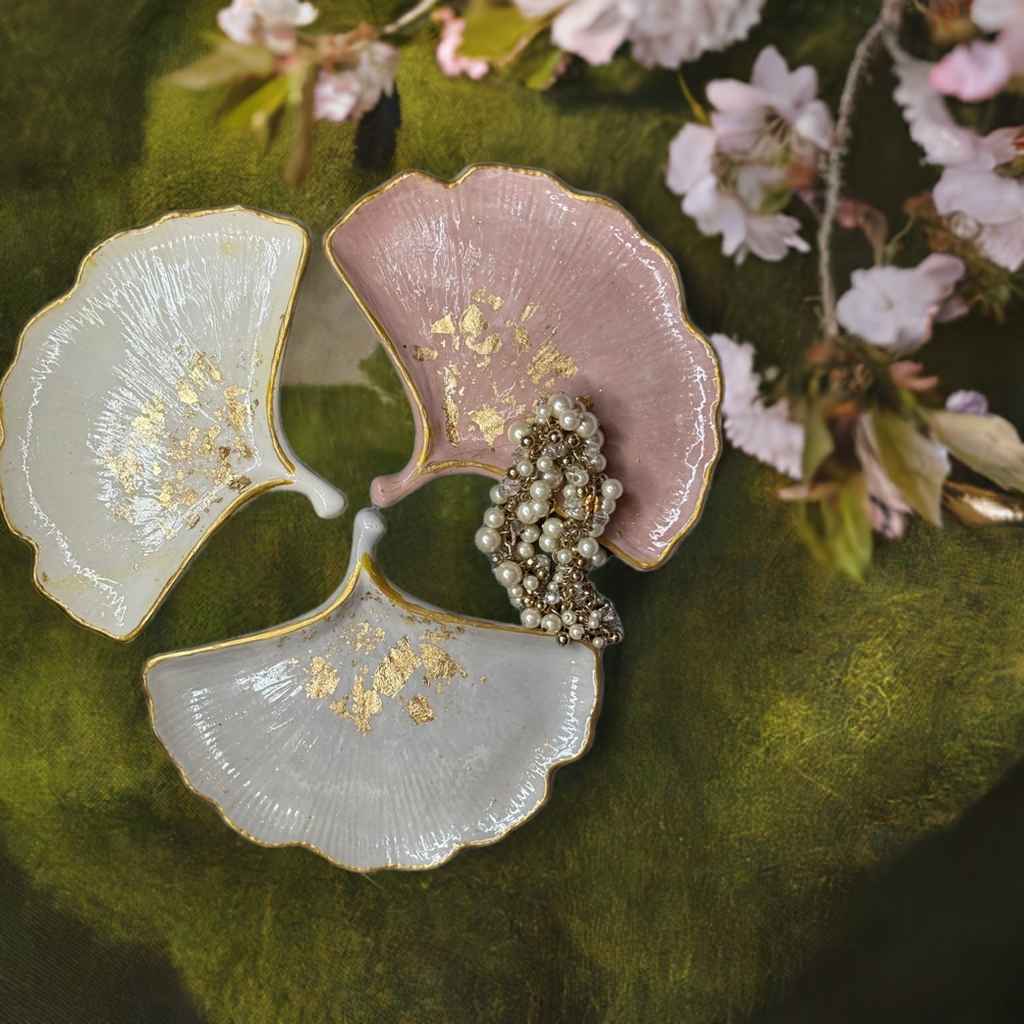 Concrete Gingko leaf jewelry trinket trays in white, rose and gray with gold trim- Set of 3 gift shop, gift card, gift store, gift ideas, home designer, interior designers near me, shein gift cards, interior design ideas, gift cards